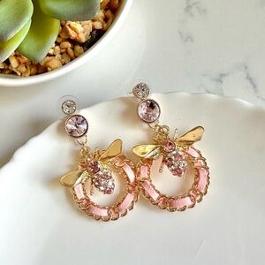 2/$30🌵 Pink Hoop Gold Bee Earrings Insects Bugs Bumblebee Rhinestone Gift NEW